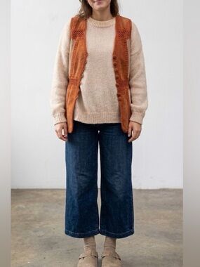 Vintage 70s Suede Patchwork Crochet Vest Boho Hippie Size Medium Burnt Orange